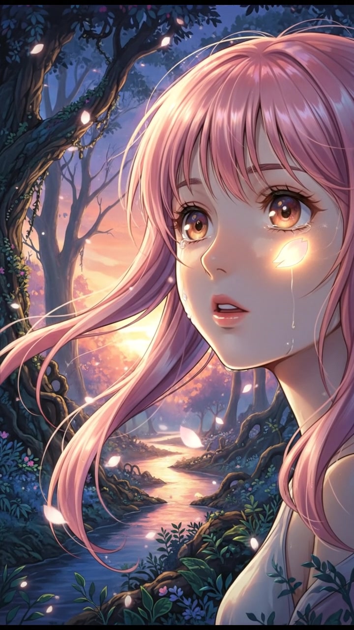 A close-up of Akari as a glowing petal touches her cheek, illuminating her face.