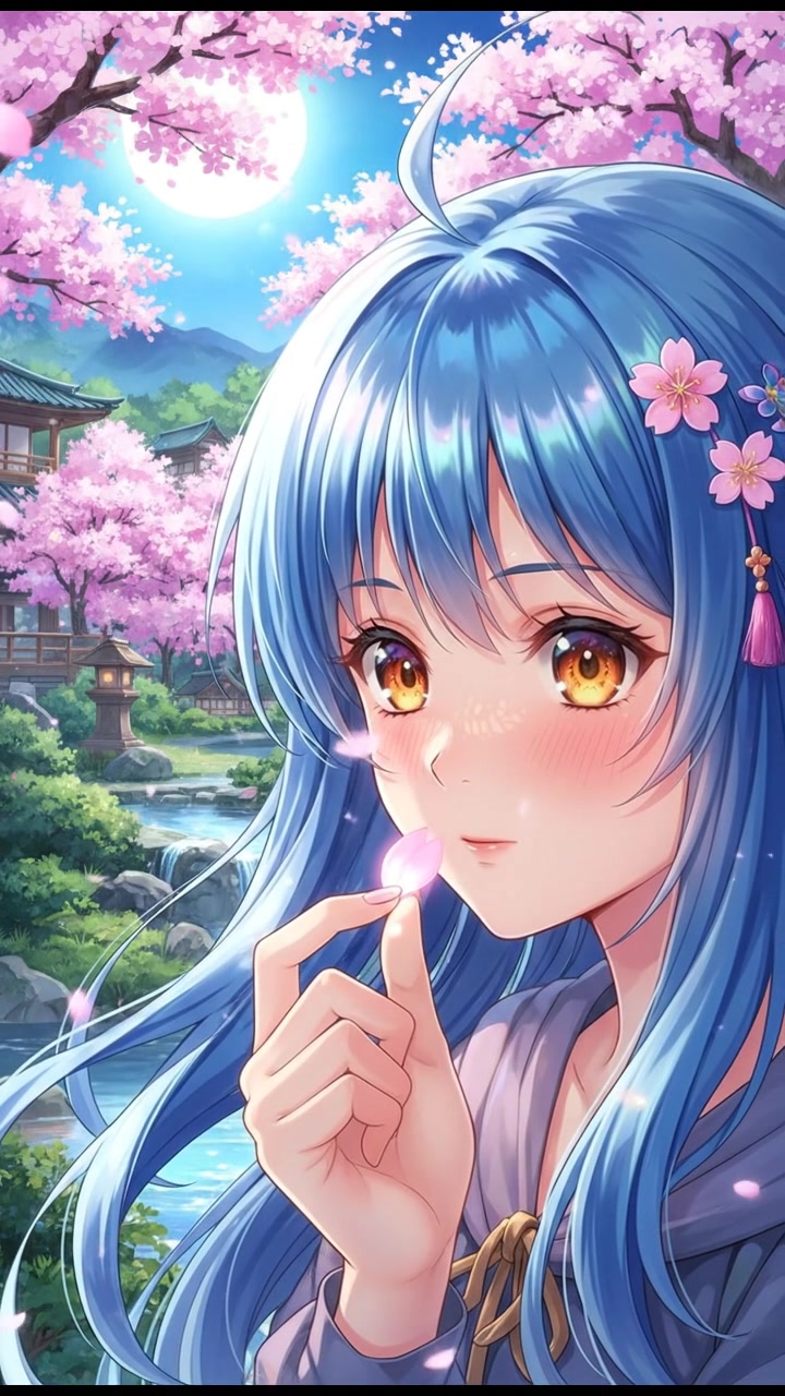 A close-up of Akari's face illuminated by soft light from a glowing cherry blossom petal.