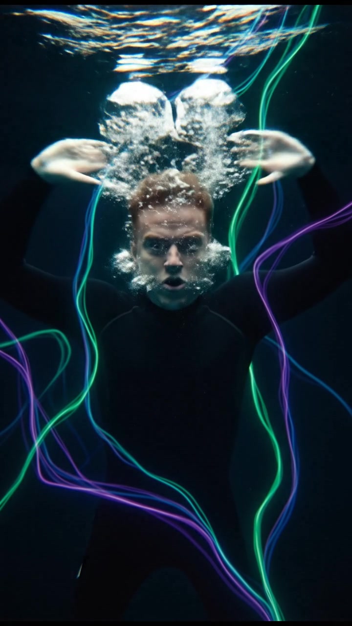 A dramatic underwater scene showing Karl looking determined, gasping for air.