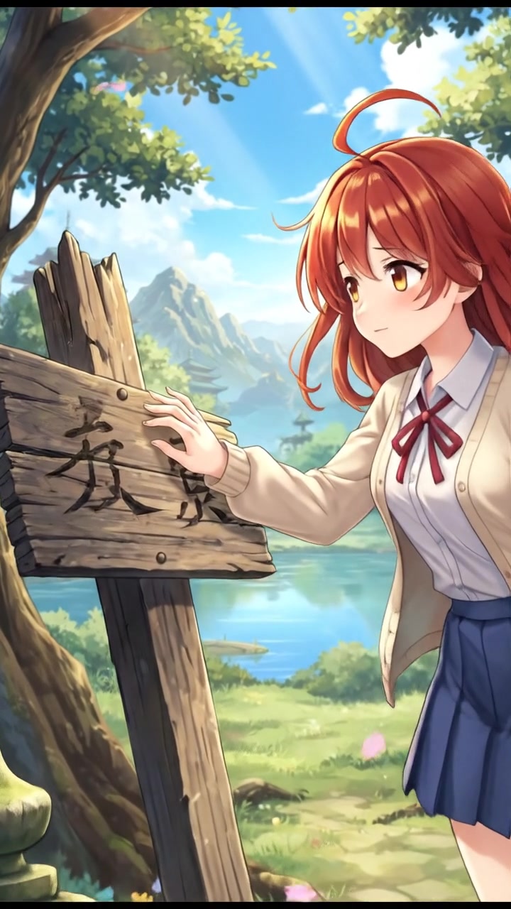 Akari reaching out to touch a broken signpost in a park.