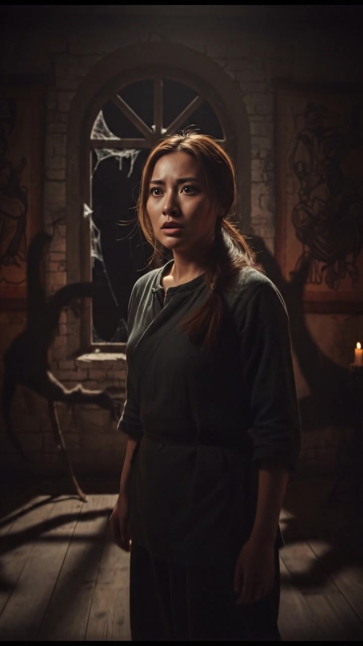 A young woman, You, stands in a dimly lit room, looking disturbed as shadows loom around her.