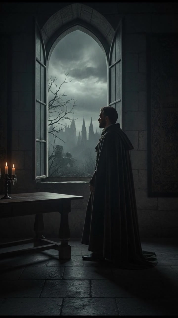 You standing by an open window, looking outside with a thoughtful expression.