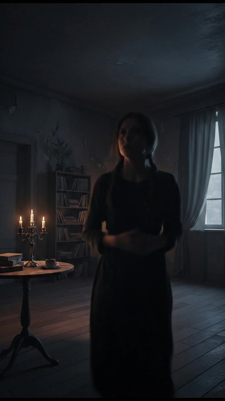 Anya, standing in her dimly lit apartment, looking around with a worried expression.