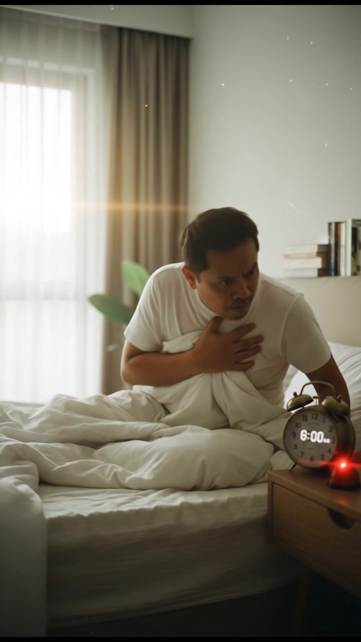 Pak Reyhan, sitting up in bed, looking surprised as the alarm rings.