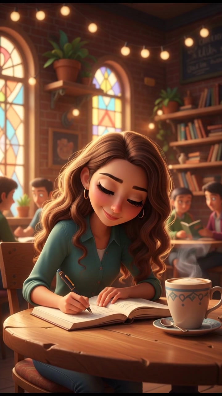 Maya sitting at a wooden table in a cozy café, writing in a notebook, with a cup of coffee beside her.