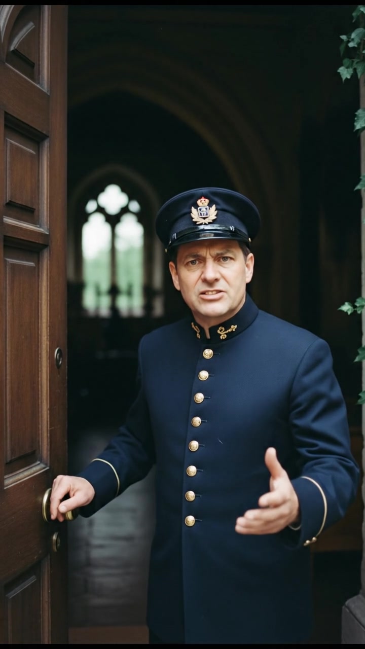 Doorkeeper standing by the doorway, speaking with an intense expression.