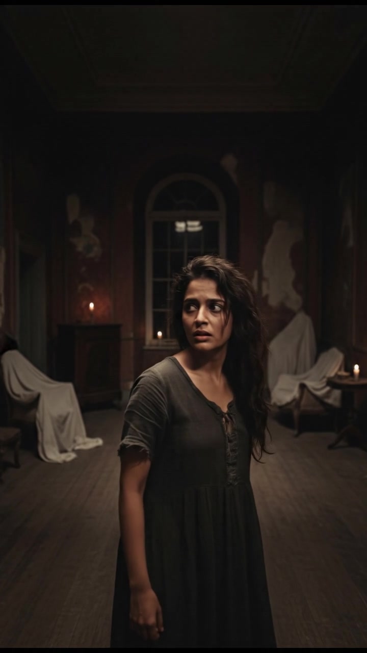 Neha, looking back nervously, sees an empty room with no one behind her.