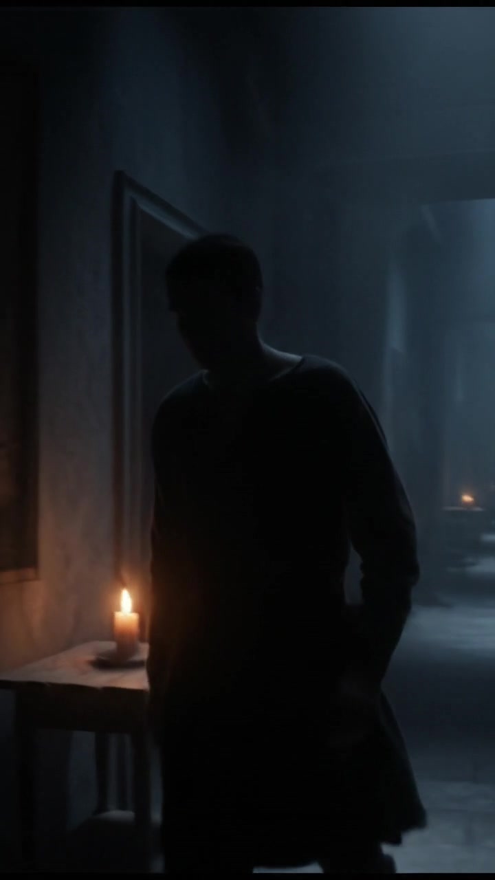 Doni standing outside his room, looking apprehensively down the dark hallway.