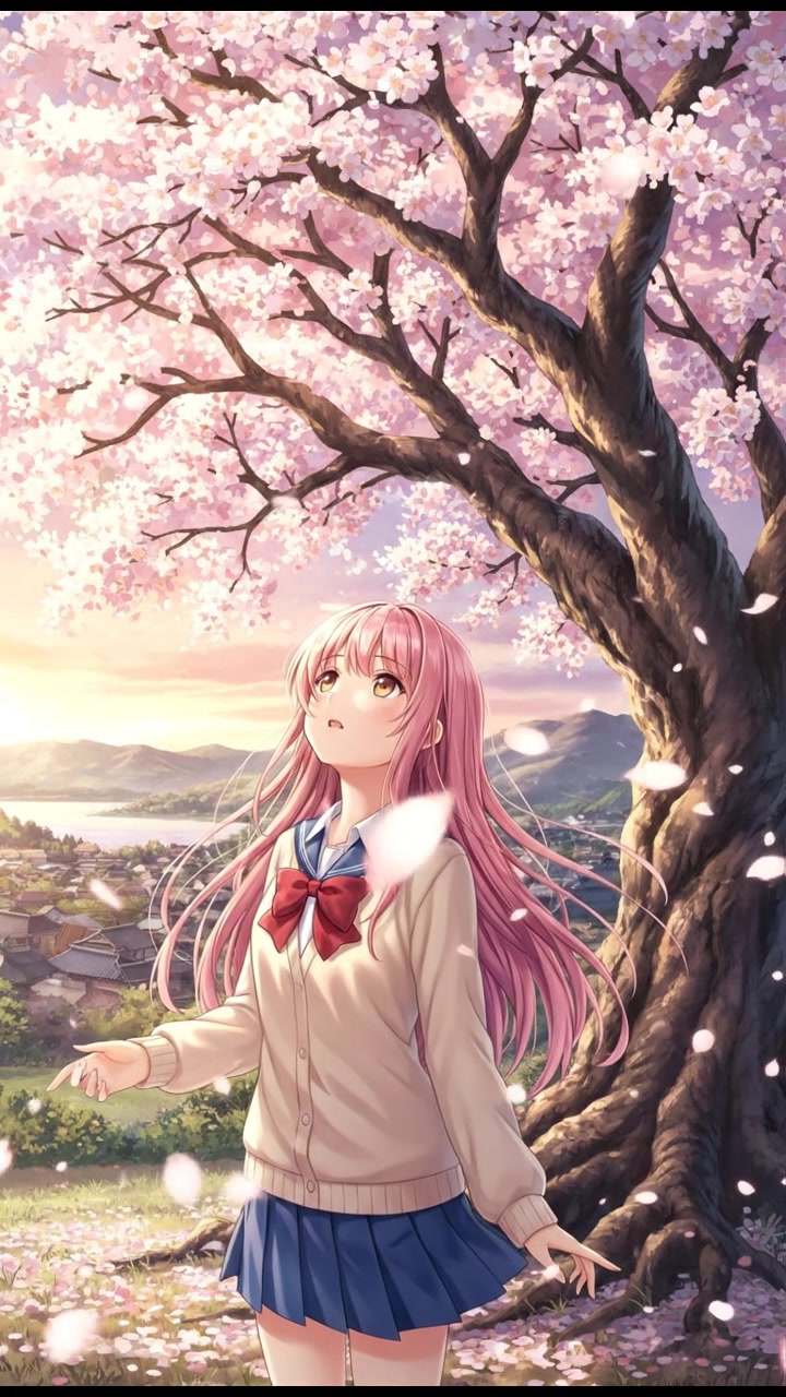 Hana standing beneath the cherry blossom tree, looking up as petals fall around her, lost in thought.
