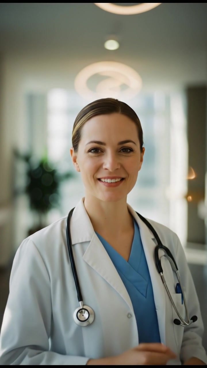 Dokter smiling reassuringly, gesturing with an open hand to convey friendliness.