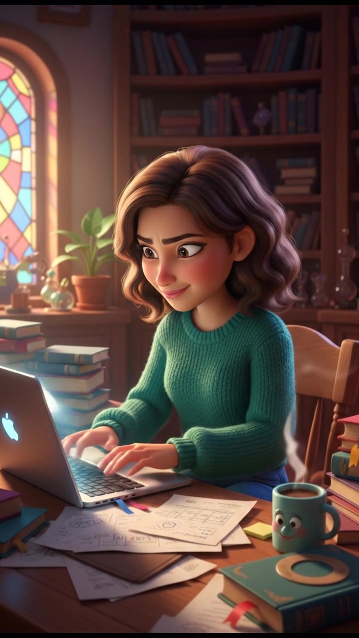 A close-up of Layla sitting at a desk, typing on a laptop surrounded by books and papers.