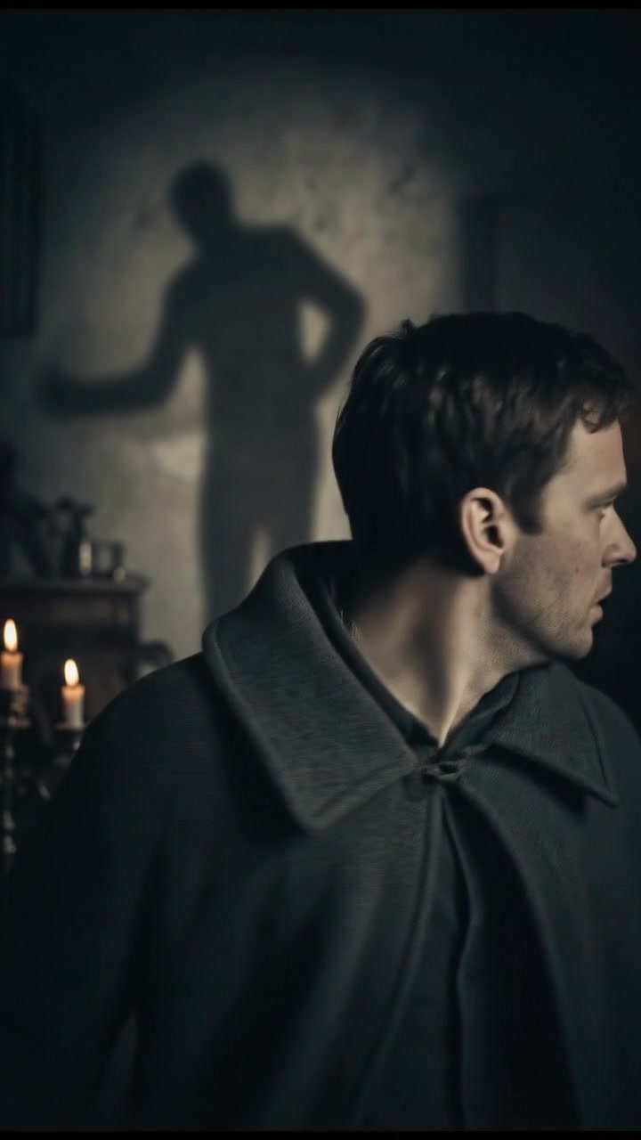 A close-up of the Narrator's startled face as he hears footsteps behind him.