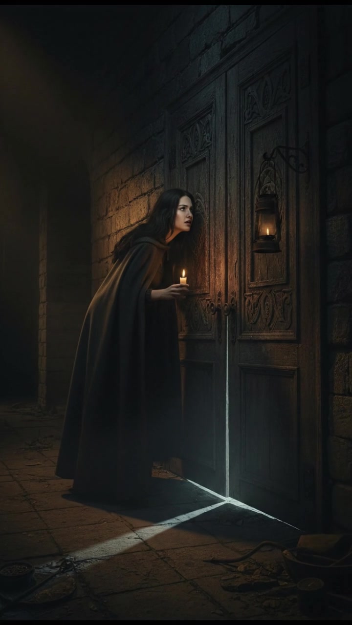 Aanya reaches for the door, listening closely to faint breathing sounds from within.