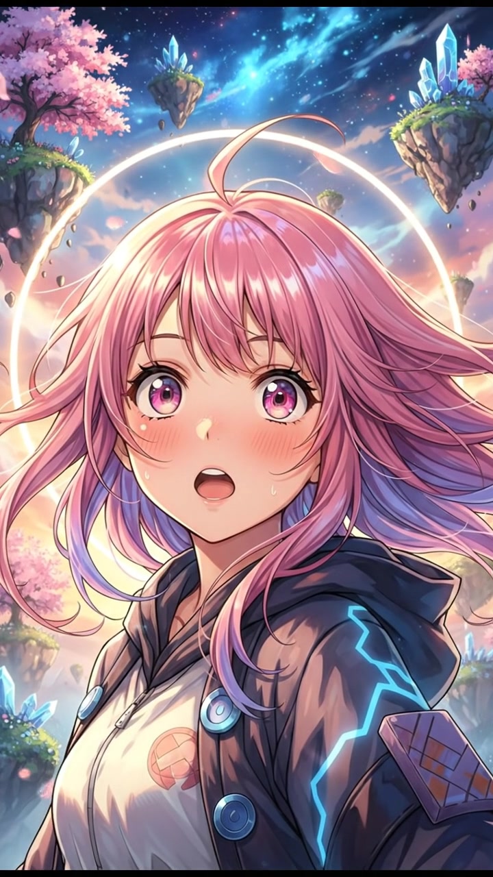 A close-up of Akari looking amazed, with soft light glowing around her.