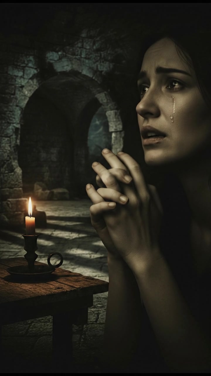 A close-up of Sari's trembling hands as she whispers, looking anxious.