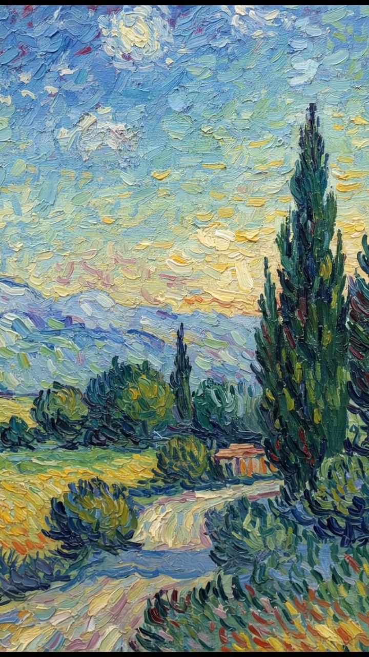 A close-up of Vincent Van Gogh's painting, with vibrant colors showcasing brush strokes.