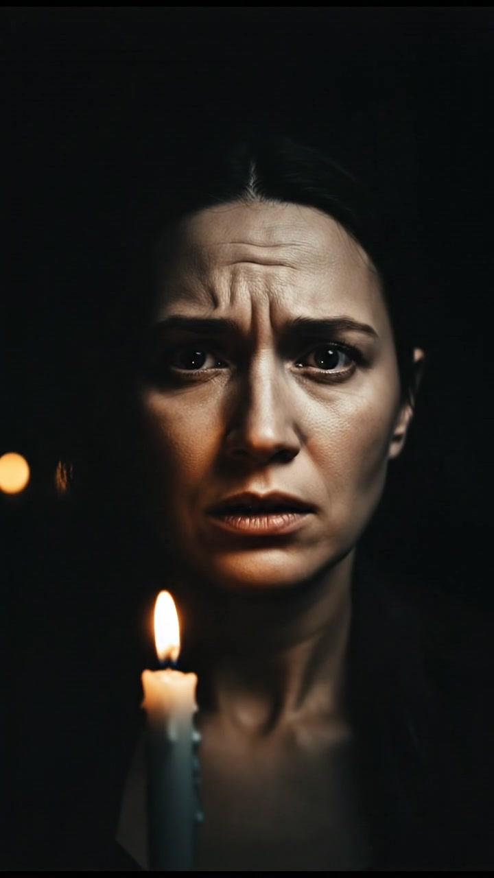 A close-up of Rhea's worried expression, her brow furrowed, with shadows cast across her face.