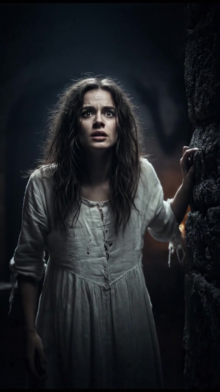 A young woman, You, stands in a dimly lit room, looking disturbed as shadows loom around her.