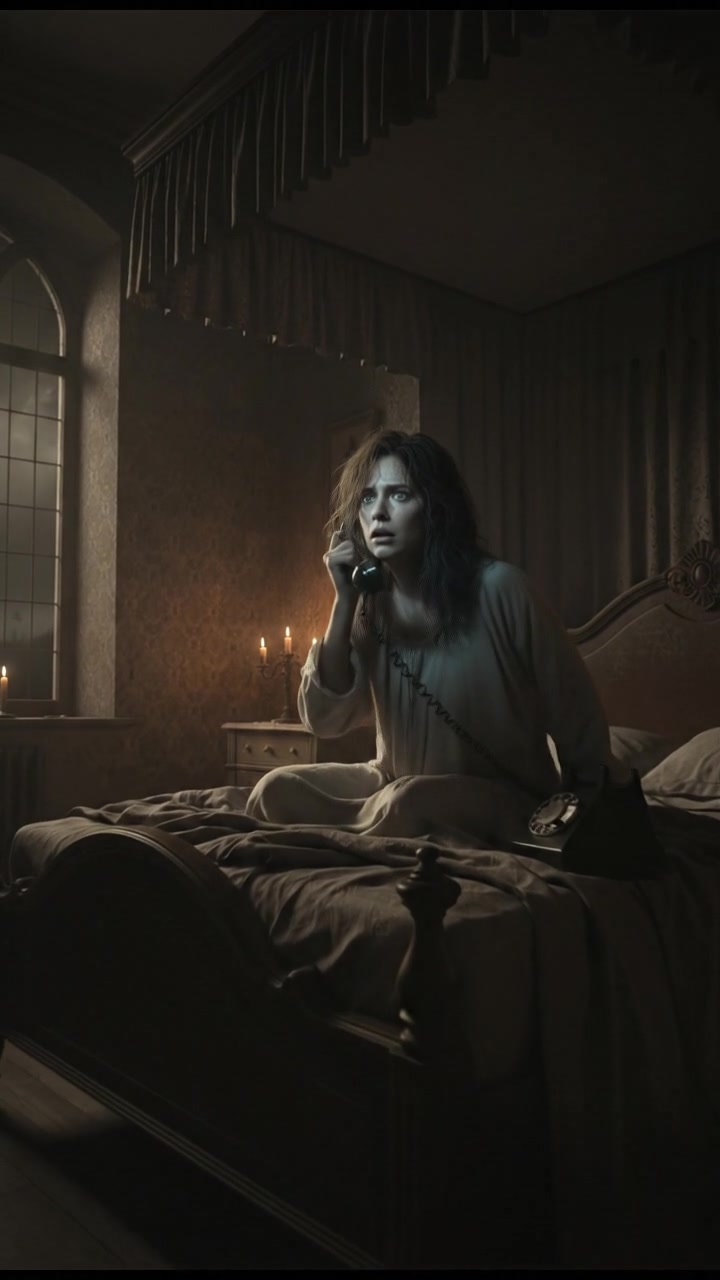 Lina sitting up in bed, startled by the ringing phone.