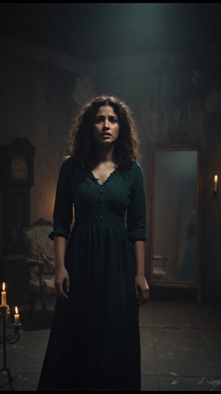 Neha, looking back nervously, sees an empty room with no one behind her.