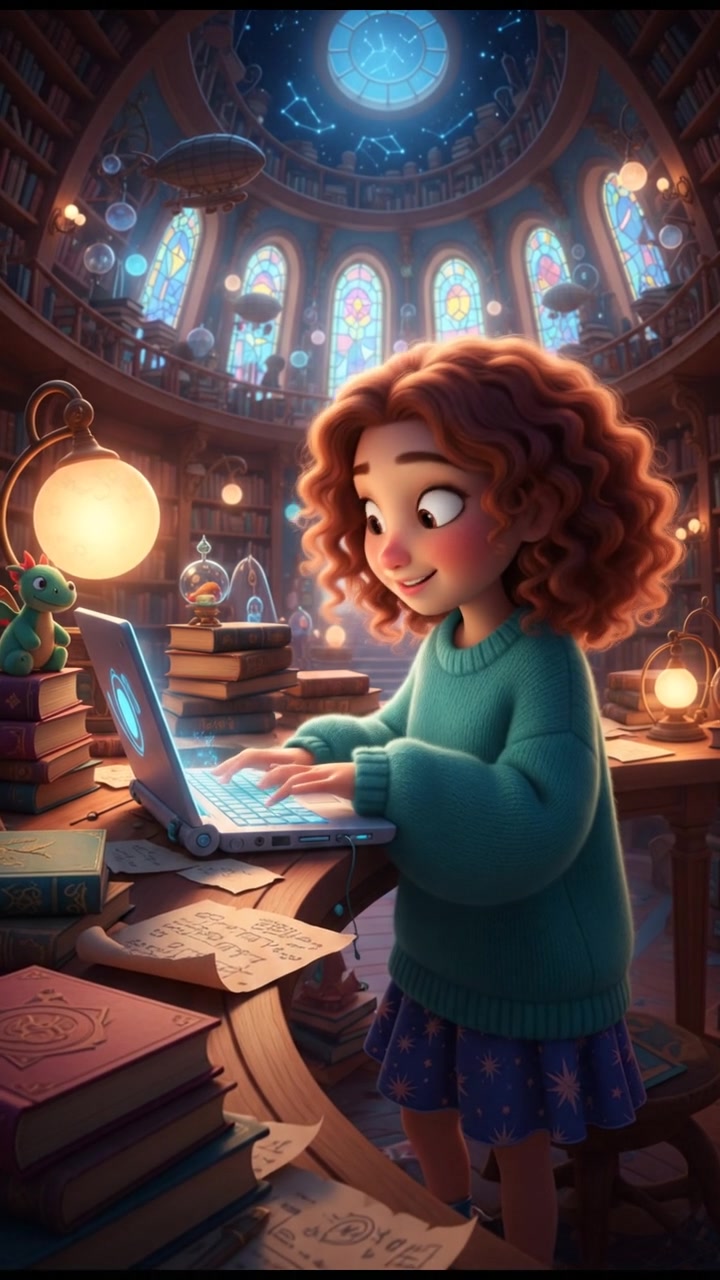 A close-up of Layla sitting at a desk, typing on a laptop surrounded by books and papers.