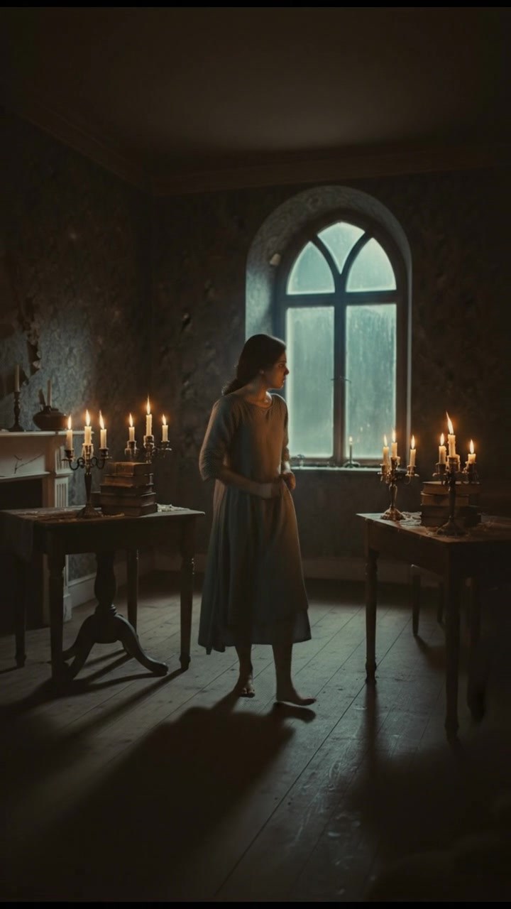 Anya, standing in her dimly lit apartment, looking around with a worried expression.