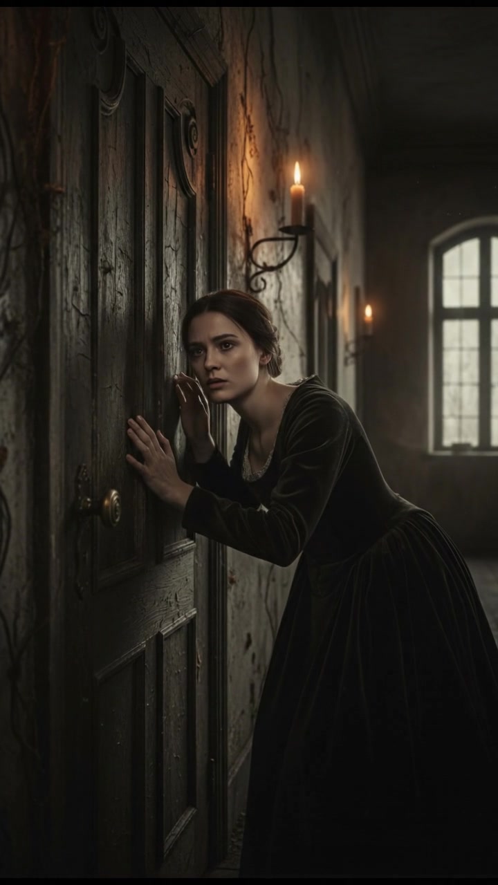 Aanya reaches for the door, listening closely to faint breathing sounds from within.