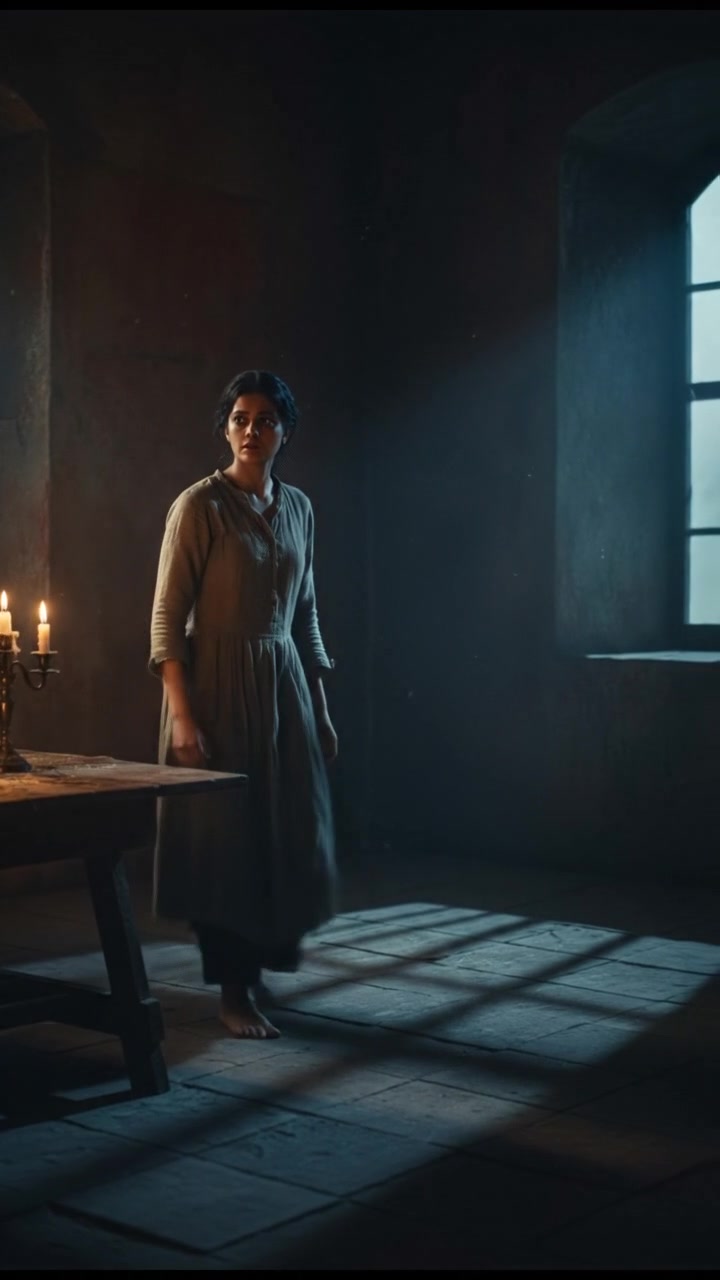 Neha standing in a dimly lit room, looking nervously at a shadowy corner.