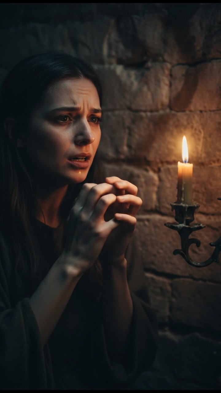 A close-up of Sari's trembling hands as she whispers, looking anxious.
