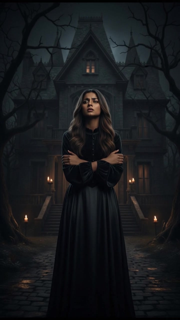 Priya standing at the foot of the mansion, looking worried with her arms crossed.