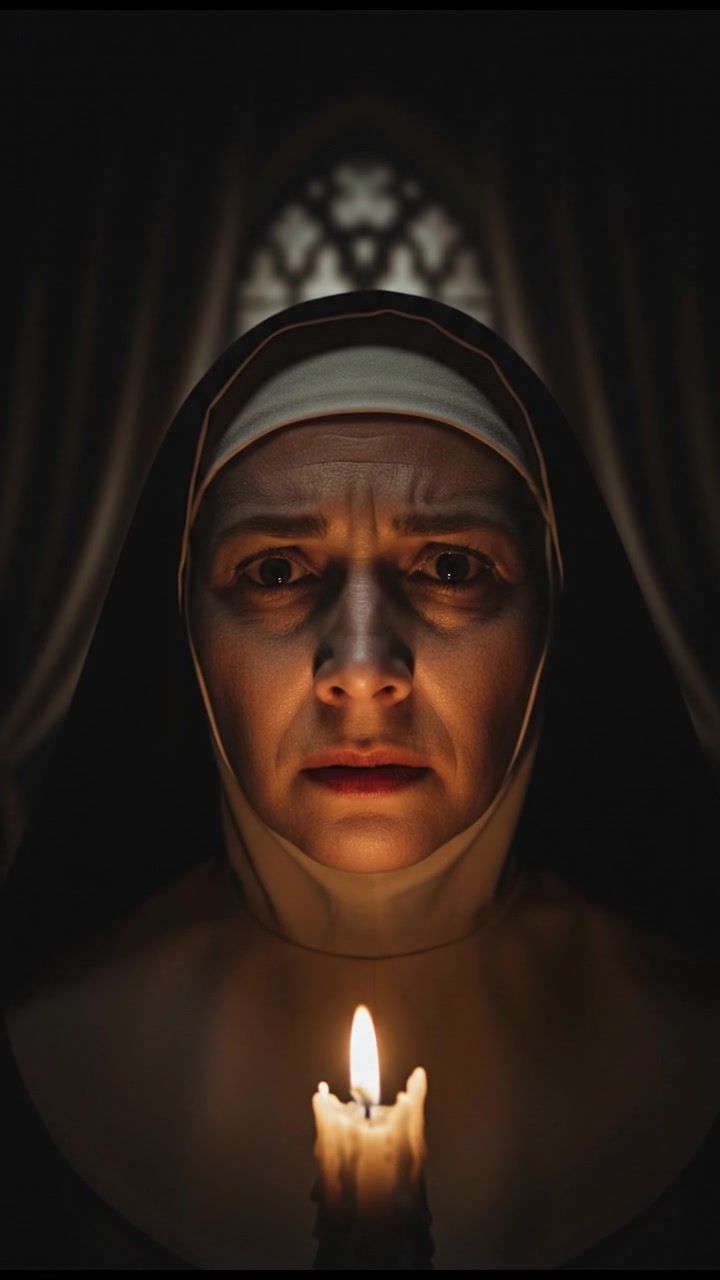 A close-up of Sister Agnes's worried face, with soft candlelight illuminating her features.
