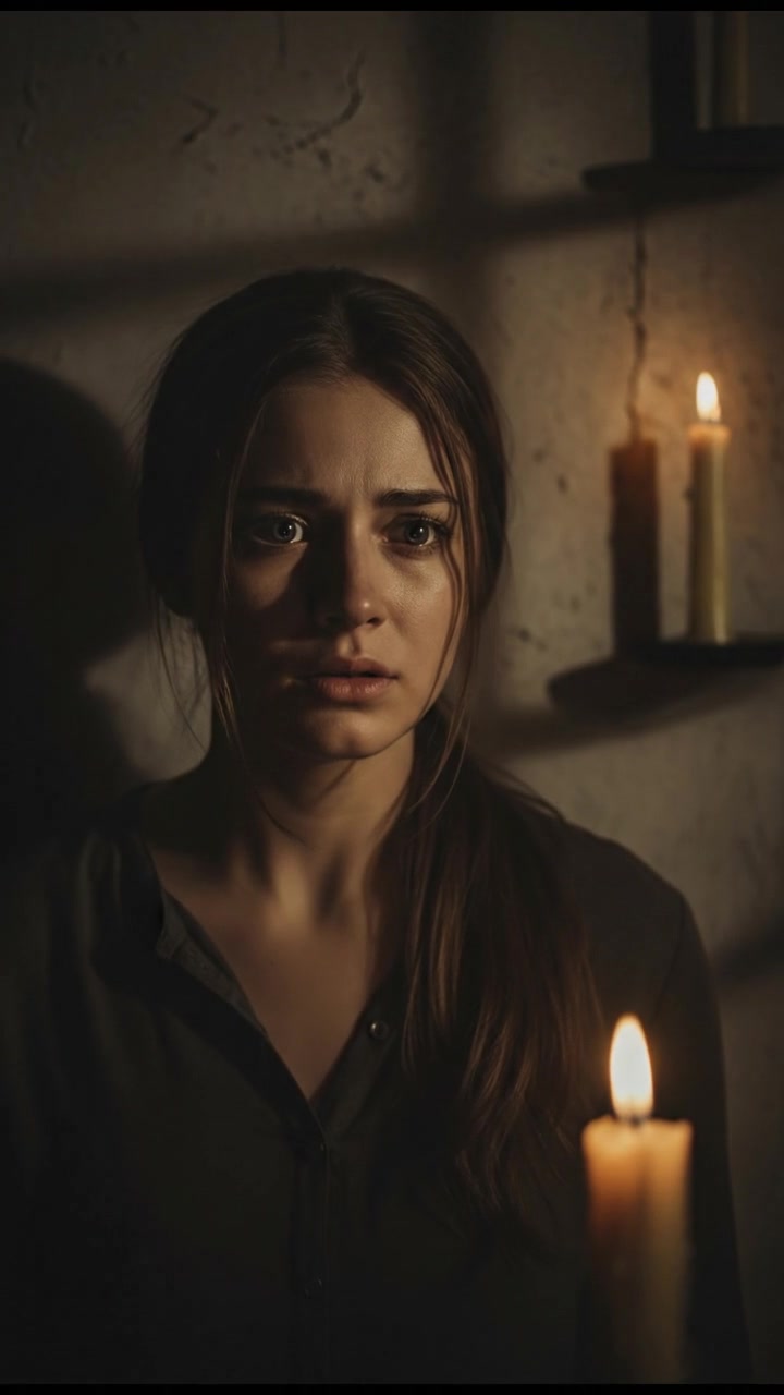 A close-up of रिया looking worried, her eyes wide, in a dimly lit room.