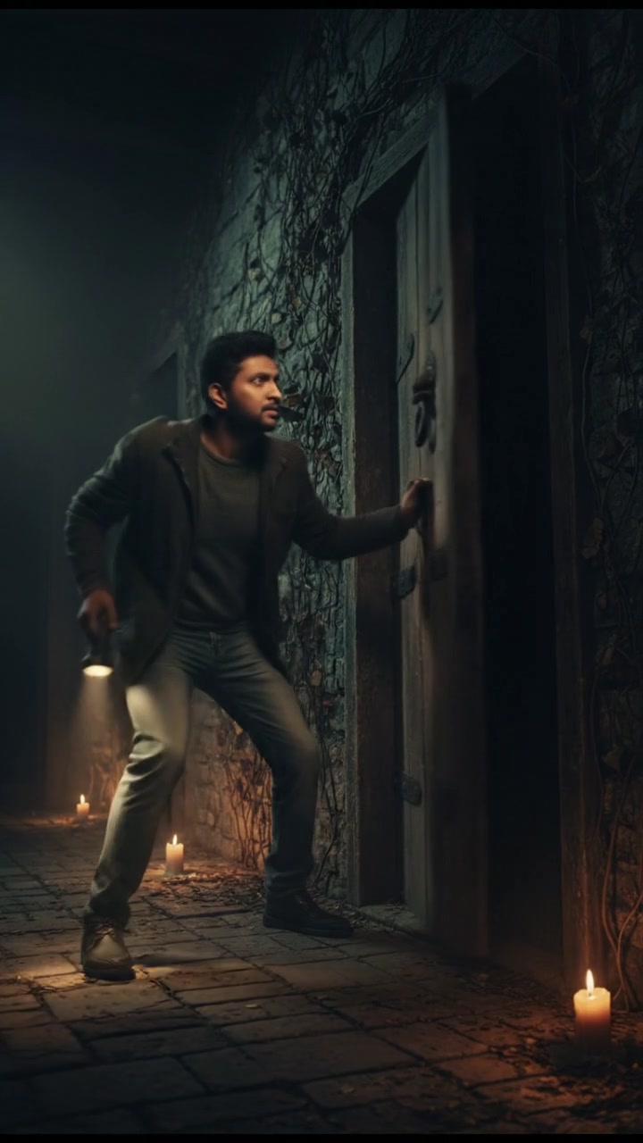 Ravi, holding a flashlight, cautiously approaching the door with a worried expression.