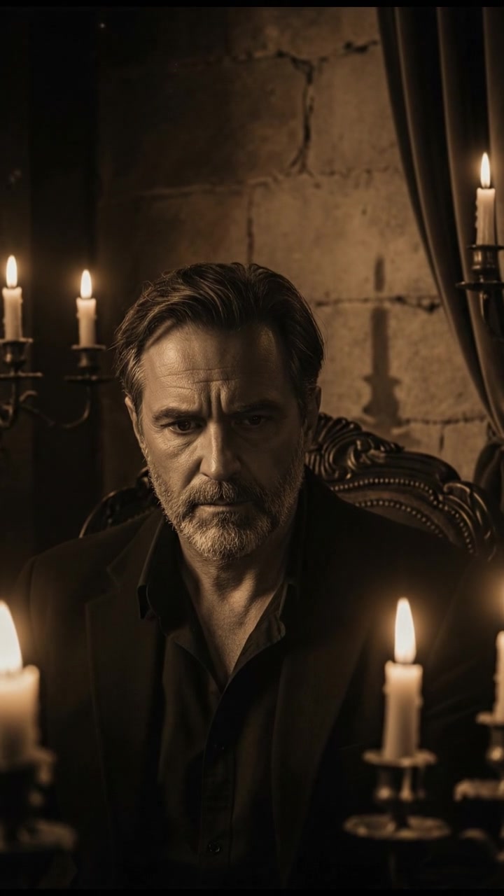 Close-up of the Narrator's face as he appears thoughtful, sitting in a dimly lit room.