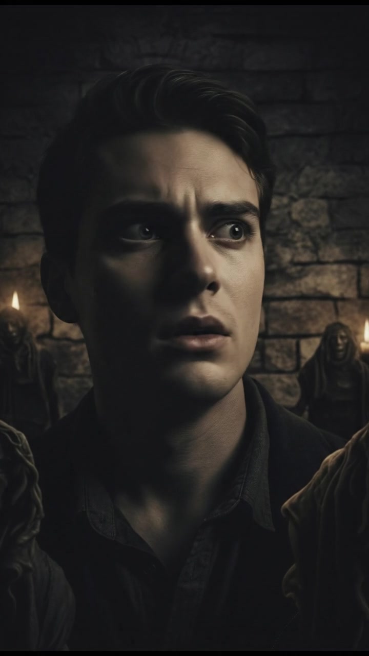 A close-up of Andi's startled expression as he hears whispers from the shadows.