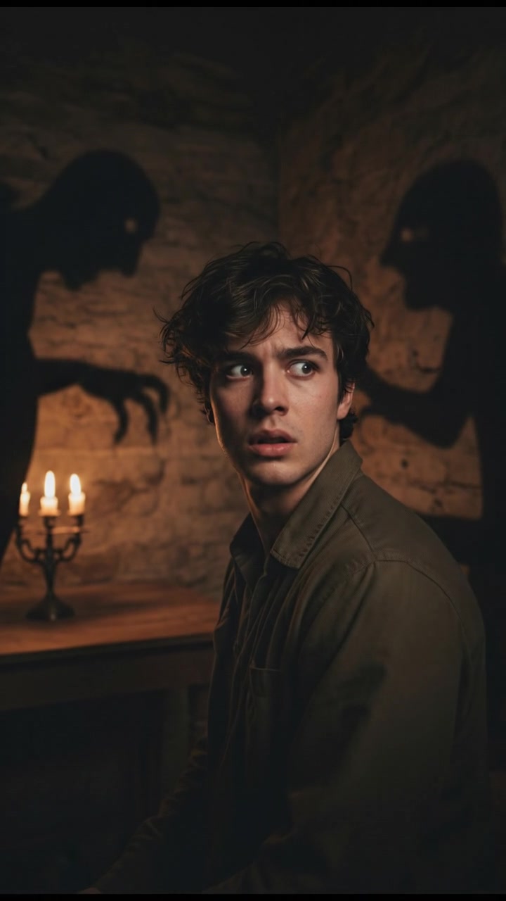 A portrait of Pria looking back with worried eyes as shadows loom around him.