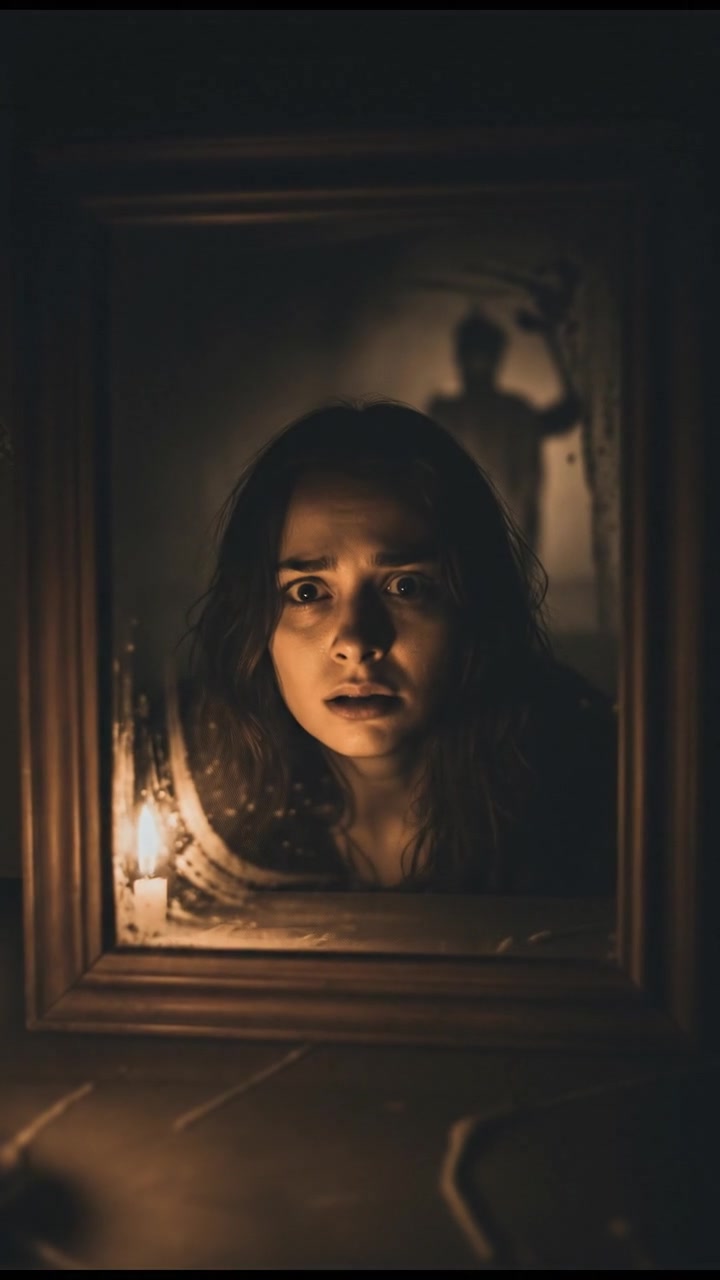 A close-up of Rina's face, looking frightened, her eyes wide as she gazes into the mirror.