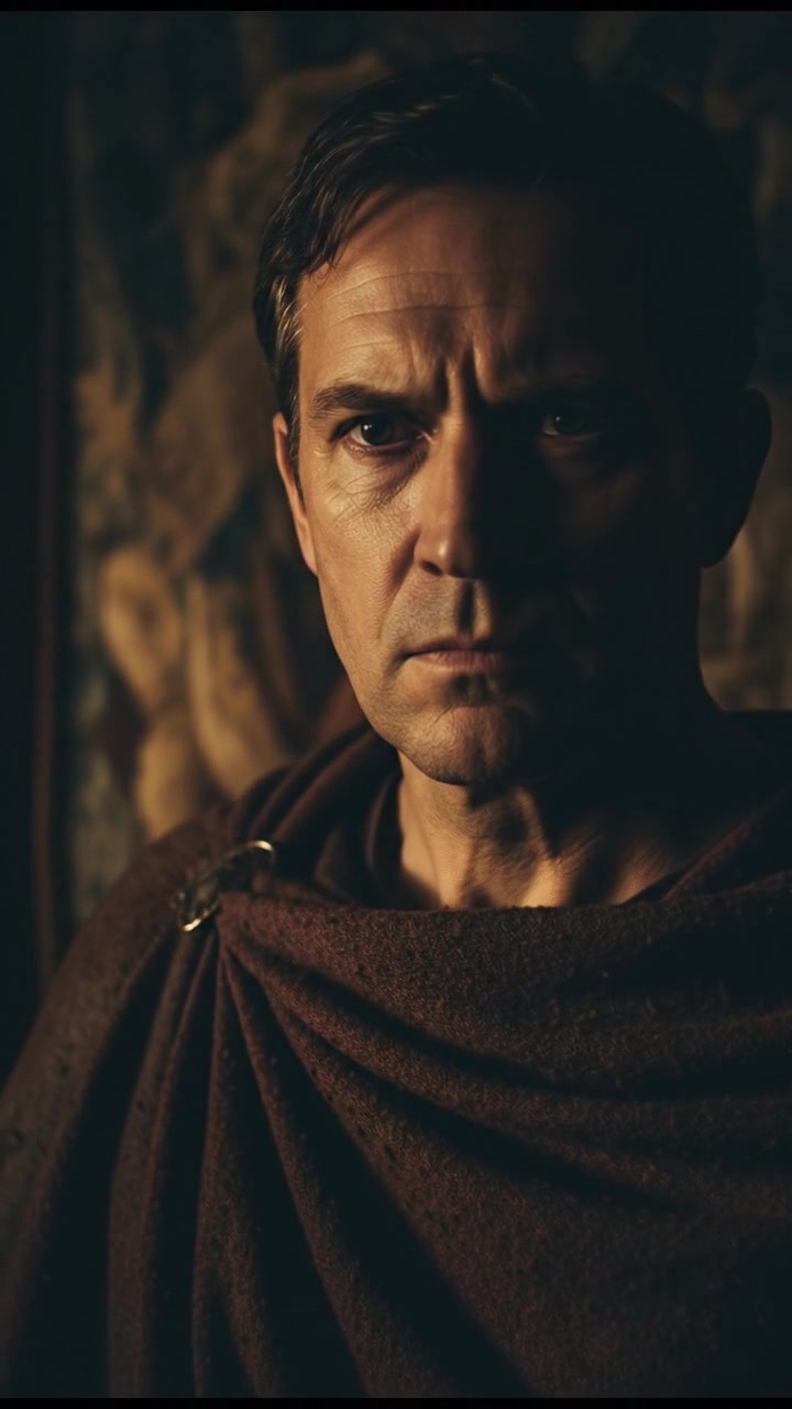 A close-up of the Chorus looking serious, with shadows cast across his face in the dim light.