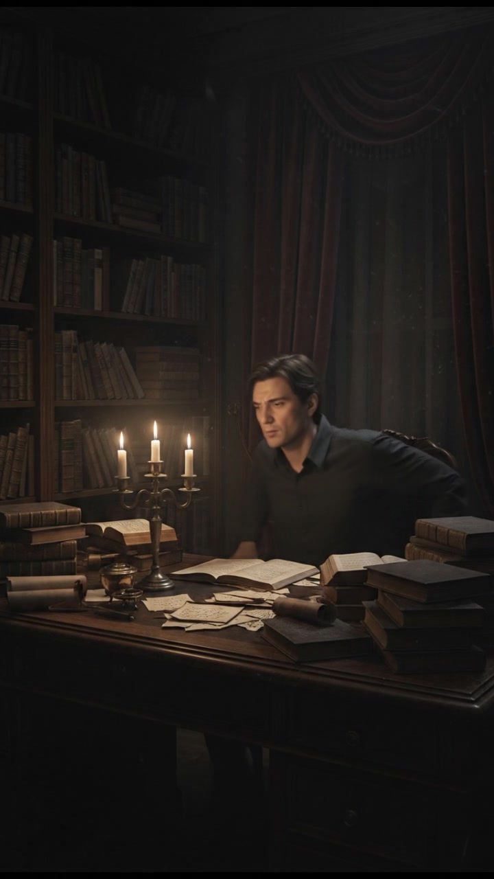 A cozy study with You sitting at a desk, surrounded by papers and books, looking deep in thought.