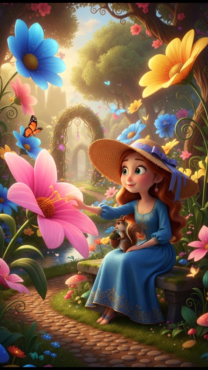 A peaceful garden with You looking thoughtful, flowers blooming around her.