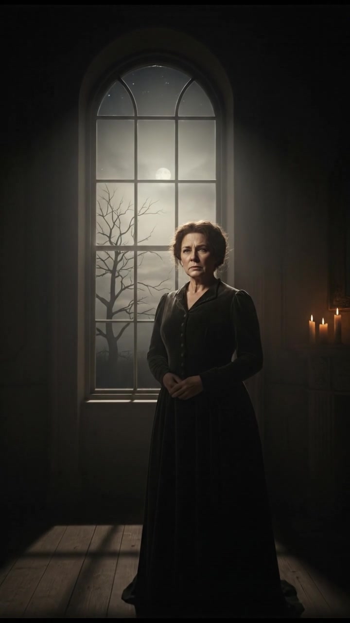 Mrs. Henderson gazing thoughtfully from her window, deep in contemplation.