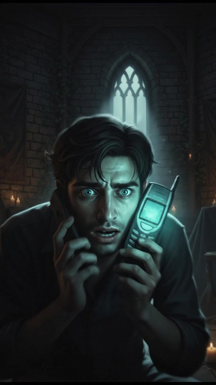 Aryan, now panicking, holding the phone with a frightened expression on his face.