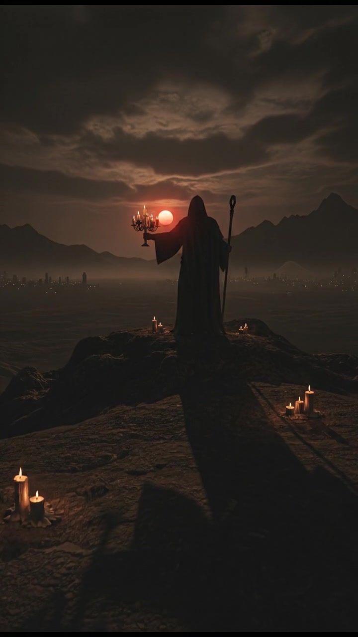 Savant Of The Most High standing on a hilltop, looking out over a valley during sunset.