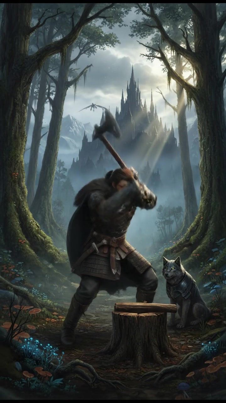Ali in a dense forest, chopping wood with a sturdy axe surrounded by tall trees.