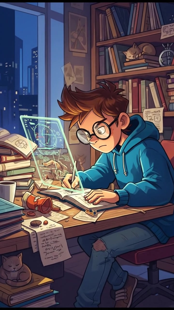 You sits at a study desk, surrounded by books and study materials, focused on solving a problem.