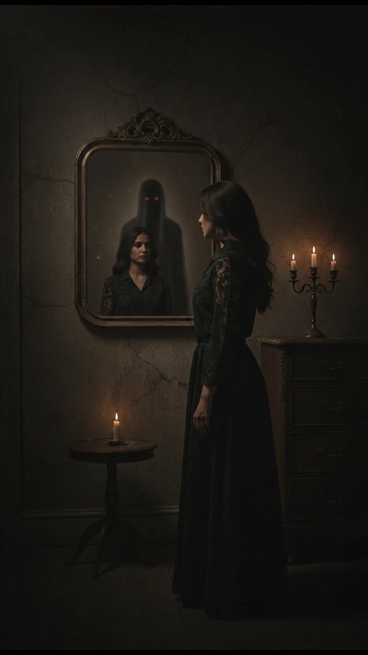 Neha stands in a dimly lit room, staring at a mirror with a shadowy figure behind her.