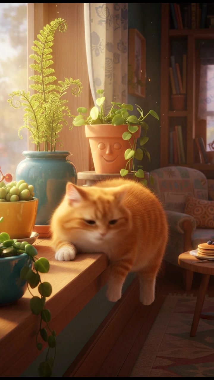 Marmalade the cat lounging on a sunlit windowsill surrounded by potted plants.