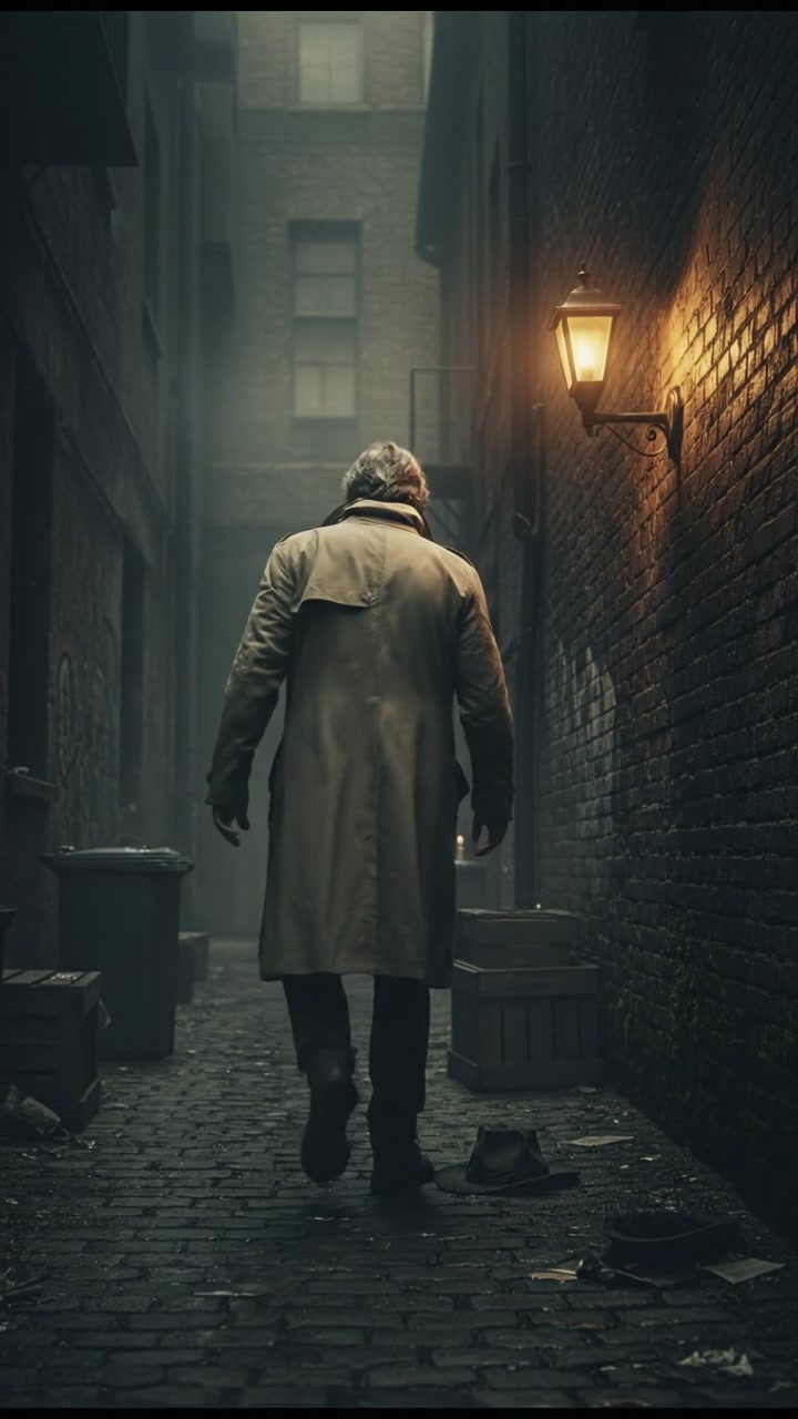Homem Legendário standing in a dimly lit alley, looking suspiciously over his shoulder.