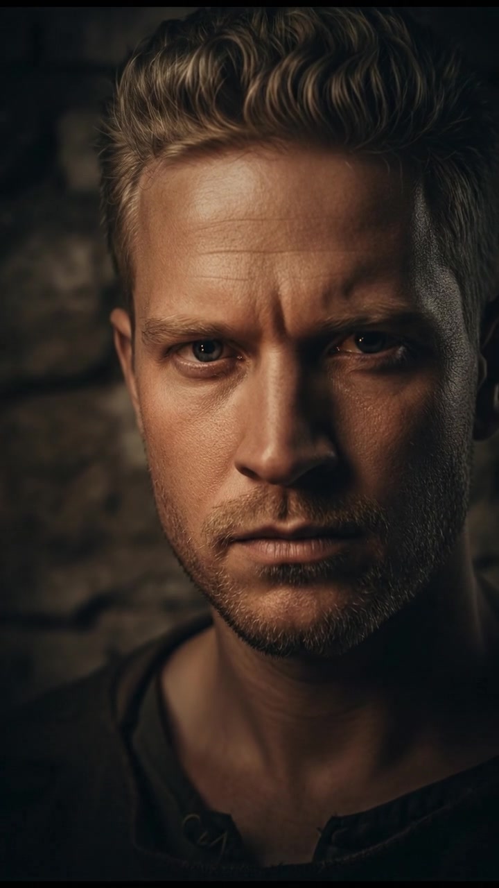 Close-up of Hero’s face, showing a serious expression, with a dim light highlighting his features.