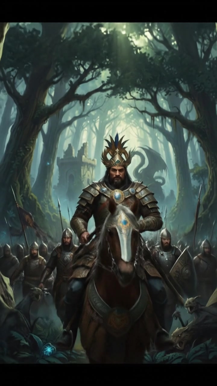 Prabu Siliwangi leading his followers through a dense forest, looking determined amidst tall trees.